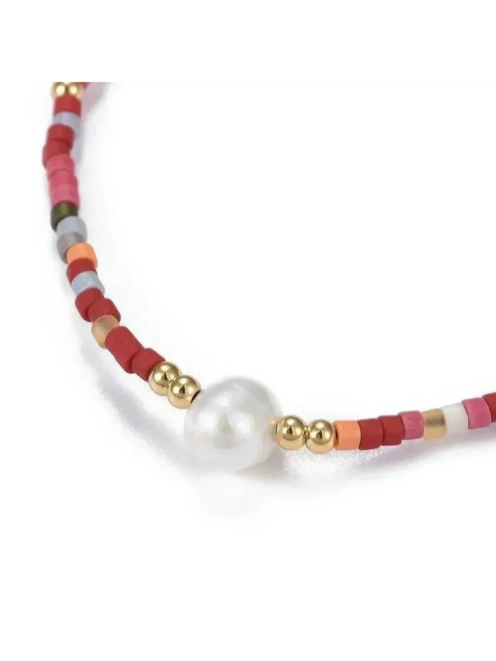 Handcrafted Real Freshwater Pearl Sunset Red Multi Japanese Glass Beads Bracelet